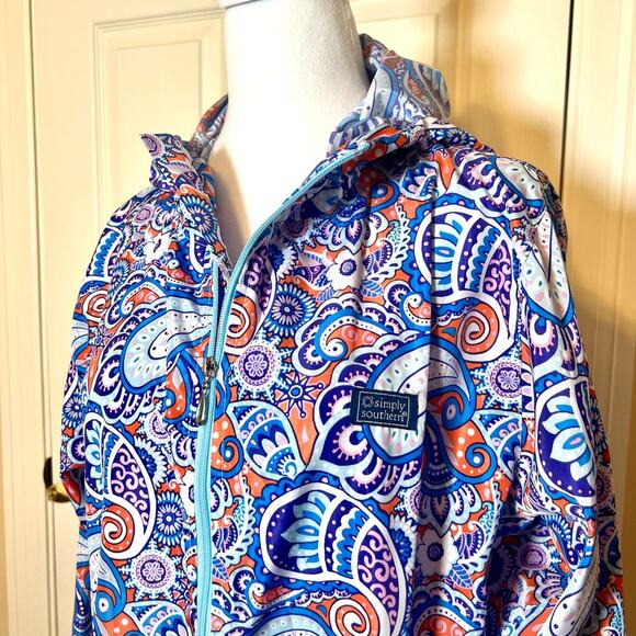 Simply Southern Rain Jacket Blue Paisley Size Large EUC Zipper Hood Colorful - Picture 3 of 9